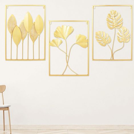 3D goldene Blätter Muster Wanddekoration, 3 Stück Wohnzimmer Schlafzimmer kreative Metalldekoration, 60  40  1cm