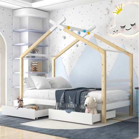 Kinder Hausbett modern 90x200 cm, Massivholz Kiefer weiß, mit Lattenrost und integrierten Schubladen, bodennahes Bettgestell (1/5)