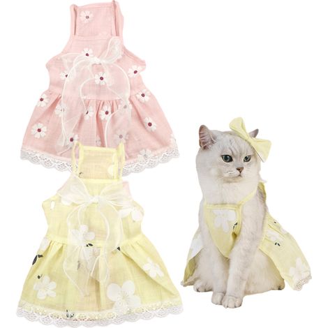 2 robes d'été pour chien, robe en tulle avec nœud et dentelle, motif fleuri, rose et jaune, taille S/M/L (1/5)