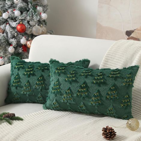Lot de 2 housses de coussin pour sapin de Noël, décoration de Noël, vert, doux, en peluche, fausse fourrure, jacquard, pour canapé, 30 x 50 cm (1/5)