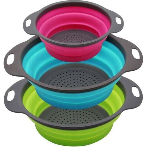 Ensemble de 3 filtres à eau pliables ronds en silicone - 2 x 4 pintes et 1 x 2 pintes - Parfait pour égoutter les pâtes, les légumes et les fruits (vert, bleu, violet) (1/4)
