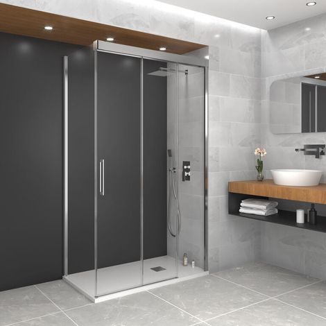 Paroi de douche d'angle TRIO avec 2 portes coulissantes et panneau latéral fixe, 160x70 cm, profil chromé brillant, verre transparent (1/5)