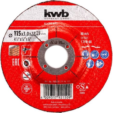 KWB disco abrasivo piedra 115x3x22 mm corte 49792311 , Disco abrasivo de corte para piedra 115 x 3 x 22 mm, diseñado para realizar cortes precisos y eficientes en piedra y otros ma