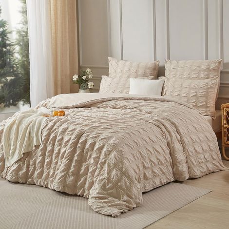 Parure de lit en seersucker 155 x 220 cm - Beige - Housse de couette d'été rafraîchissante à rayures - Motif uni - Réversible - Respirante et légère - Pour lit simple et taie d'oreiller (1/5)