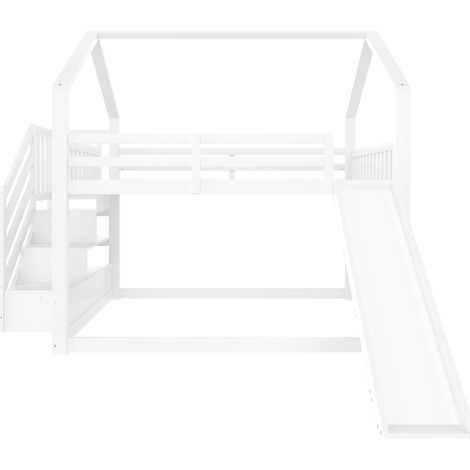 Letto a Soppalco Letto Matrimoniale con Scala Contenitore, Scivolo e Sponde 140×200 cm, senza Materasso, Bianco (1/5)