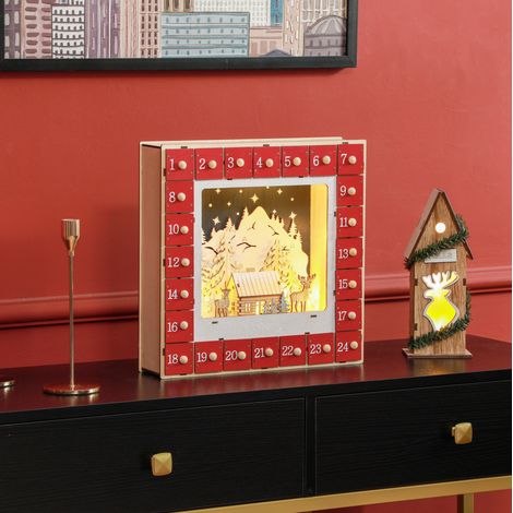 Calendario de Adviento para rellenar con 24 cajones de MDF rojo con luces LED 34 x 7 x 34 cm (1/5)