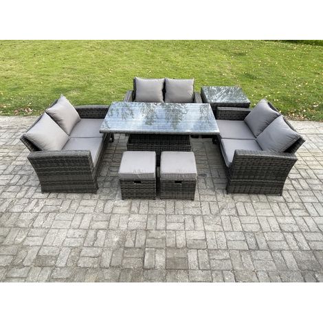 Fimous 7 pièces Mobilier de jardin extérieur ave Table élévatrice Canapé deux places Table d'appoint 2 Petit Tabouret Gris foncé (1/5)