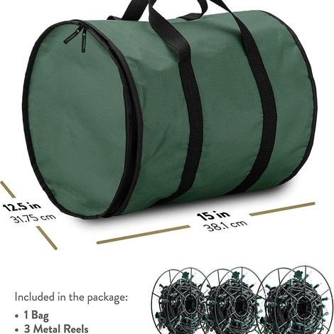 Sac de rangement cylindrique en tissu Oxford pour lumières de Noël avec double fermeture éclair et poignées pour décoration de vacances, noir, 38 cm x 32 cm (rouge) (1/5)