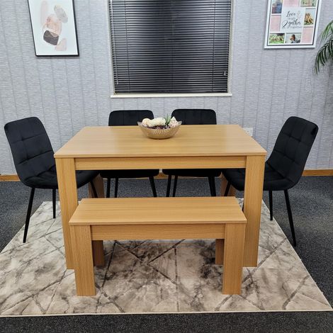 Dining Table and 4 Chairs With Bench Oak Effect Wood 4 Black Velvet Chairs Dining Room (1/5)