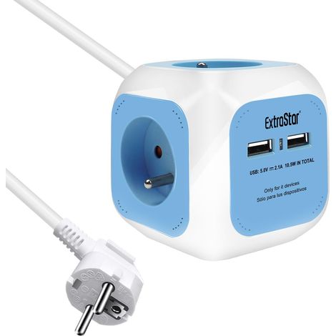 Multiprise USB Cube, Bloc Multiprises avec 4 Prises et 2 Ports USB, Chargeur USB Multiple, Multiprise Electrique pour Bureau, Maison, Peut être installé au Mur, sur la Table, 1,5 m, Bleu (1/5)