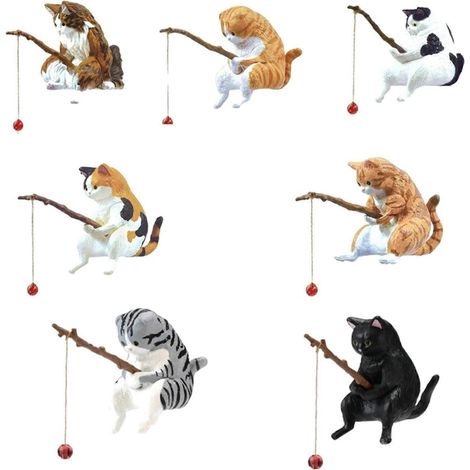 Cinq statues de chats pêcheurs, idéales pour décorer aquariums, jardins, bureaux, etc. (1/4)