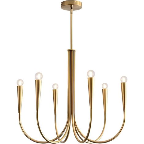 Lustre Moderne Doré 6 Lumières, Suspension Réglable E14, 64cm  Pour salon salle à manger chambre, métal doré poli,adapté plafond incliné, matériel montage inclus (1/5)