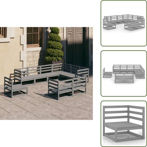 The Living Store 9-tlg. Garten-Lounge-Set Grau Kiefer Massivholz - Gartensofa - Lounge Set - Gartenmöbeln - Rattan Gartenmöbel - Outdoor Furniture