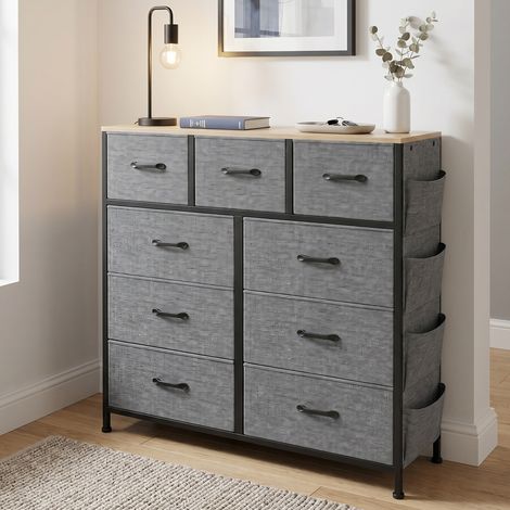 Commode de rangement, 98.8x30x100 cm, 9 tiroirs avec poches et crochets, cadre en métal et tissu non tissé, moderne, gris foncé (1/5)