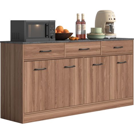 Aparador de Cocina con 3 Cajones, 2 Armarios y Estantes Ajustables, Encimera Cemento, MDF Nogal, 160 x 37 x 76.5 cm (1/5)