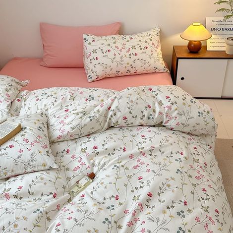 Parure de lit 135 x 200 cm en coton beige rose fleurs multicolores (1/5)