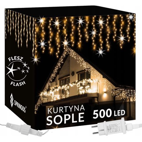 LUCES DE HIELO DE ÁRBOL DE NAVIDAD 500LED TEMPORIZADOR CORTINA DE LUZ FLASH EXTERIOR BLANCO (1/5)
