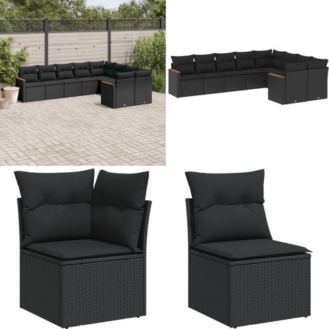 Salon de jardin 9 pcs avec coussins noir résine tressée - Ensemble Salon De Jardin - Mobilier Extérieur - Canapé Jardin - Chaise Lounge - Résine Tressée - Home & Living (1/5)