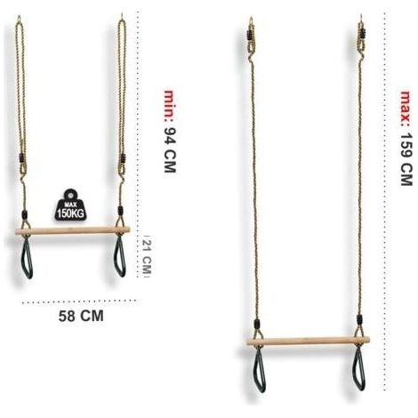 Barre Trapèze En Bois Avec Anneaux Verts Pour Balançoire Extérieure – Accessoire D’escalade Et Jeu Acrobatique, Charge Max 63,5 Kg, Hauteur De Poutre 2,15–2,55 M