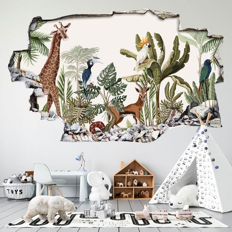 Stickers Trompe l'oeil trou dans le mur - Forêt Tropicale Animaux - 20 x 32 cm (1/3)