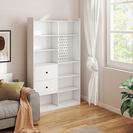 Bibliothèque, Étagère 6 Niveaux, 120 x 30 x 200 cm, Meuble de Rangement avec 2 Tiroirs et Panneau Perforé, Blanc (1/5)