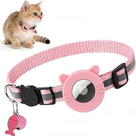Collier Rose pour Chat avec Protection en Silicone, Bande Réfléchissante, Boucle de Sécurité et Clochette, Longueur Ajustable, Convient aux Chatons et aux Chats Adultes (Airtag Non Inclus). (1/5)