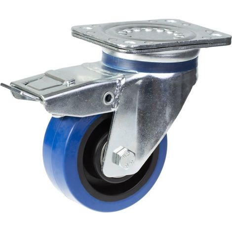 Roue pivotante/freinante de 125 mm avec caoutchouc élastique bleu sur roue centrale en nylon (1/5)