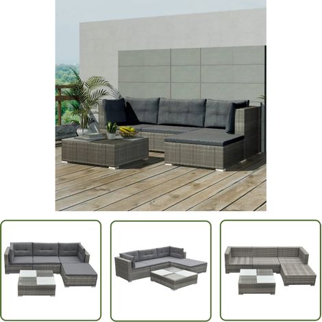 The Living Store Salon de jardin 5 pcs avec coussins résine tressée gris - Salon De Jardin - Meubles De Jardin - Salon Extérieur - Ensemble De Canapés - Canapé D'angle