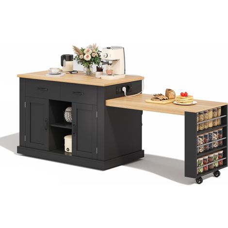 Îlot de cuisine mobile avec table extensible, desserte noire en MDF, rangement et prises USB, 132 à 235 x 60 x 93 cm (1/5)
