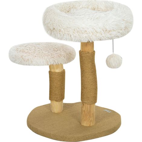 Kratzbaum 61,5 cm hoch Katzenkratzbaum mit Spielball, Betten, Katzenturm mit Katzenkratzbrett, für Katzen unter 5 kg, Birnbaumholz, Weiß