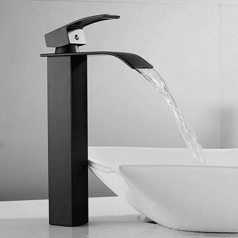Robinet Cascade avec Haut Bec Mitigeur Lavabo Haut Mono-trou Robinetterie Lave-mains avec Levier Unique en Cuivre Mélangeur l'Eau Chaude et Froide pour Salle de Bain (1/4)