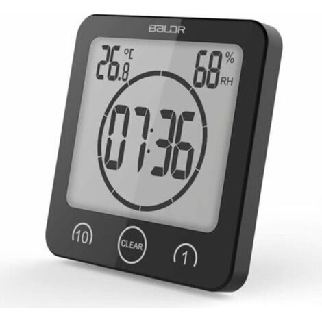 Digitale Badezimmer-Wanduhr mit Wecker, spritzwassergeschützt, Touchscreen, Temperatur- und Feuchtigkeitsanzeige, Saugnapf-Aufhängeöse (schwarz)