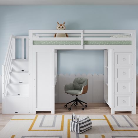 Lit mezzanine enfant 254x95x175 cm blanc en pin, MDF et panneaux de particules avec bureau et rangements (1/5)