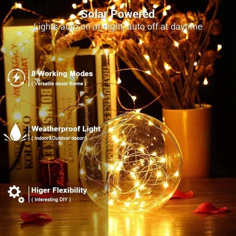 Guirlande Lumineuse Solaire Extérieure, 12M 100 LED Guirlande Lumineuse Extérieure Fil de Cuivre Imperméable Guirlande Lumineuse Solaire 8 Modes Décoration pour Noël Jardin, Balcon, Terrasse, Arbres, (1/4)
