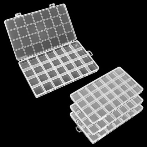 Boîte de rangement en plastique transparent en 4 parties avec 28 compartiments, idéale pour les perles, la création de bijoux, les boucles d'oreilles, les petites pièces et les petites vis. (1/5)