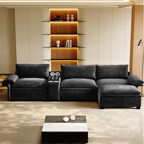 Canapé modular en chenilla negra 315 cm con otomana móvil, carga inalámbrica y altavoces Bluetooth (1/5)