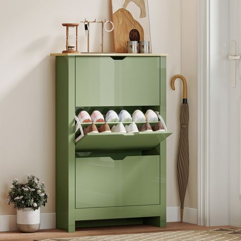 Meuble à Chaussures 18 Paires, Armoire à Chaussures à Haute Brillance, 3 Tiroirs Rabattables, Étagères Réglables, Vert (1/5)