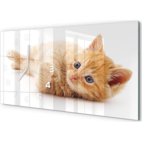 Horloge Murale Salon 60x30 cm Panoramique Verre Trempé Décoration Murale Chat roux (1/5)
