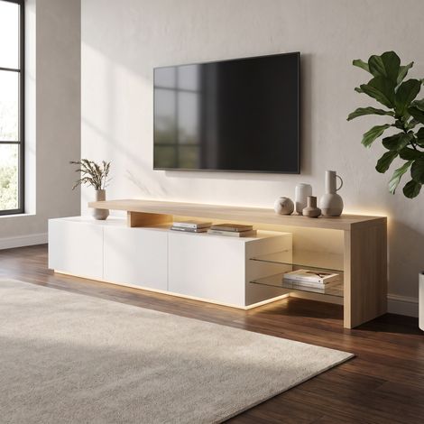 Meuble tv led 200 cm - banc de salon avec étagères en verre et 3 compartiments - espace de rangement - design moderne en mdf - blanc et bois (1/5)