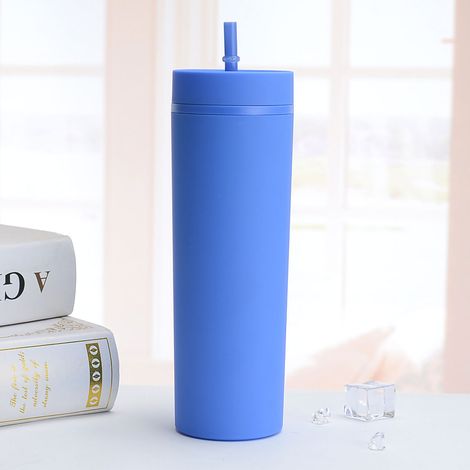 Bunter Plastikbecher mit Strohhalm, großes Fassungsvermögen (473 ml), liegt gut in der Hand, schlichtes und modernes Design, blau (1/5)