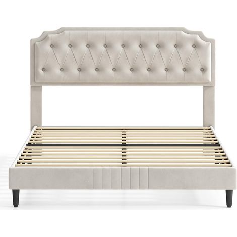 Upholstered Bed Frame with Cozy Button Tufted Headboard & Adjustable Height, Wood Slat Support CHELSEY DOUBLE BEIGE (1/5)