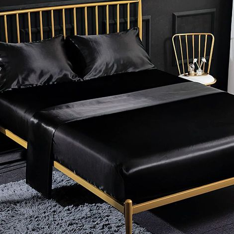 Ensemble 4 Pièces de Draps de Lit en Satin Couleur Unie 1 x Drap Housse 198203 cm 2 Personnes avec Grand Bonnet de 35 cm, 1 x Drap Plat et 2 x Taie d'oreiller, Noir