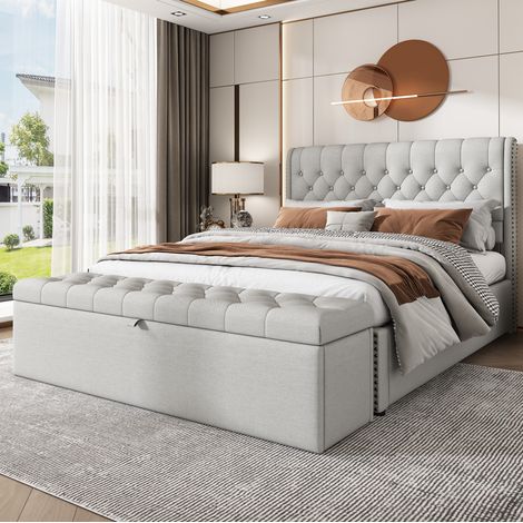 panca contenitore 141x41,5x47 lino grigio chiaro moderna OKMYHOME (1/5)