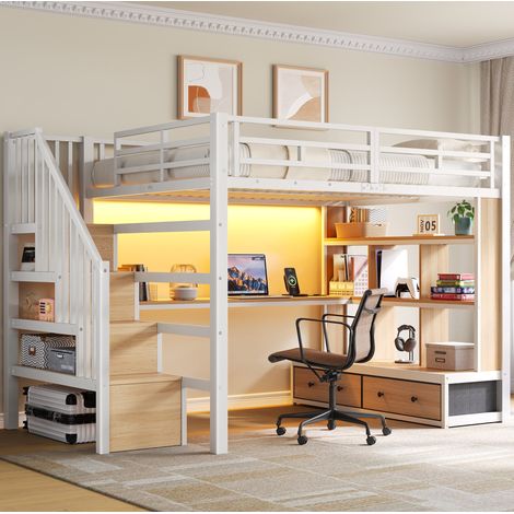 Cama alta 140/200 cm blanca de metal con escritorio, estantes, LED y cajones (1/5)