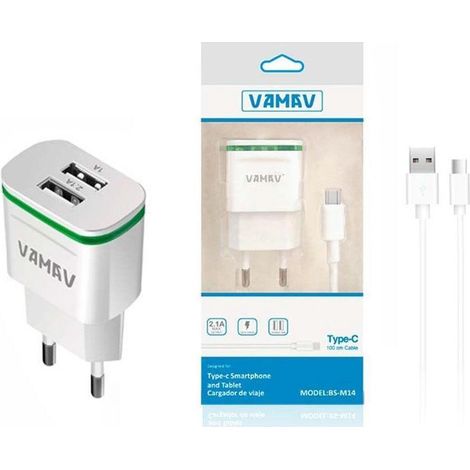 Kit de charge rapide double USB 2.1A Type-C - Charge rapide universelle 100-240 V - Compatible avec iPhone, Samsung, Xiaomi, Huawei et tablettes