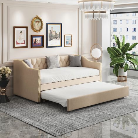 JOOKGBD-Polsterbett Schlafsofa 90/180x200 cm, Tagesbett mit Ausziehbett und Lattenrost, Multifunktionales Sofabett mit Schlaffunktion, Gästebett für Jugendliche und Erwachsene, Leinen, Beige