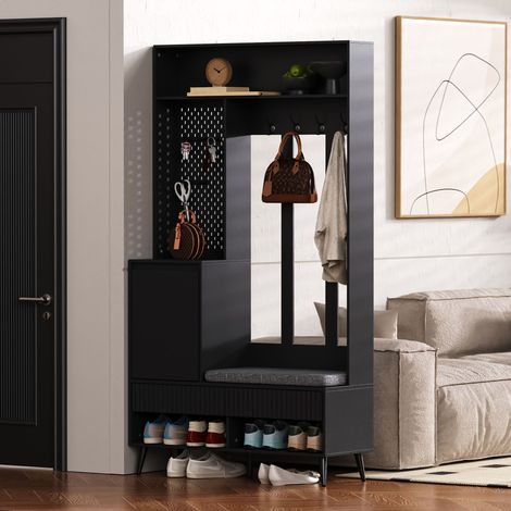 Ensemble porte-manteaux 100x35x180Hcm noir,4 crochets + 2 tiroirs + 1 porte,établi à chaussures couloir