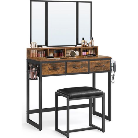 Tocador de 90 x 40 x 141 cm con taburete acolchado espejo triple 3 cajones porta secador y cesto estilo industrial marrón 120005417