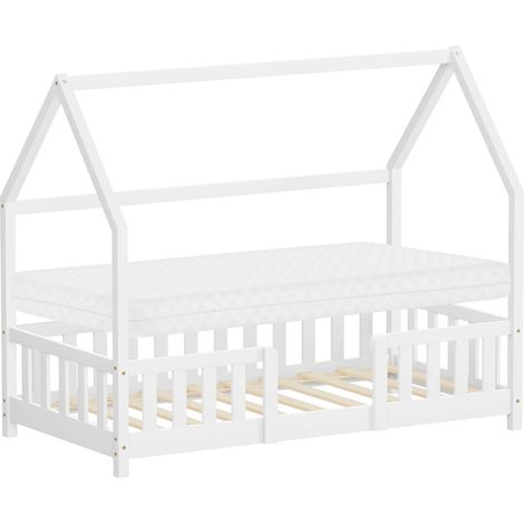 ML-Design Letto a Casetta per Bambini 80x160 cm, Bianco, con Materasso e Protezione Anticaduta, Tetto e Rete a Doghe, Struttura Montessori in Legno Massello di Pino, Letto Singolo per Ragazzi