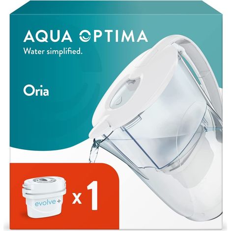 Aqua Optima Oria Caraffa Filtro Acqua e Cartucce Filtro Acqua 1 x 30 Giorni Evolve+, capacità 2,8 litri, per Riduzione di Microplastiche, Cloro, Calcare e Impurità, Bianco (1/5)